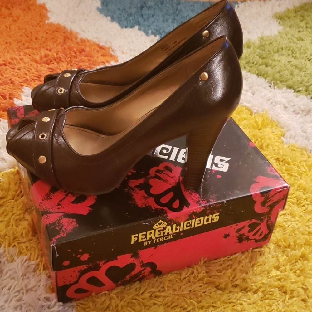 Chocolate Peep Toe Pumps with Gold Accents